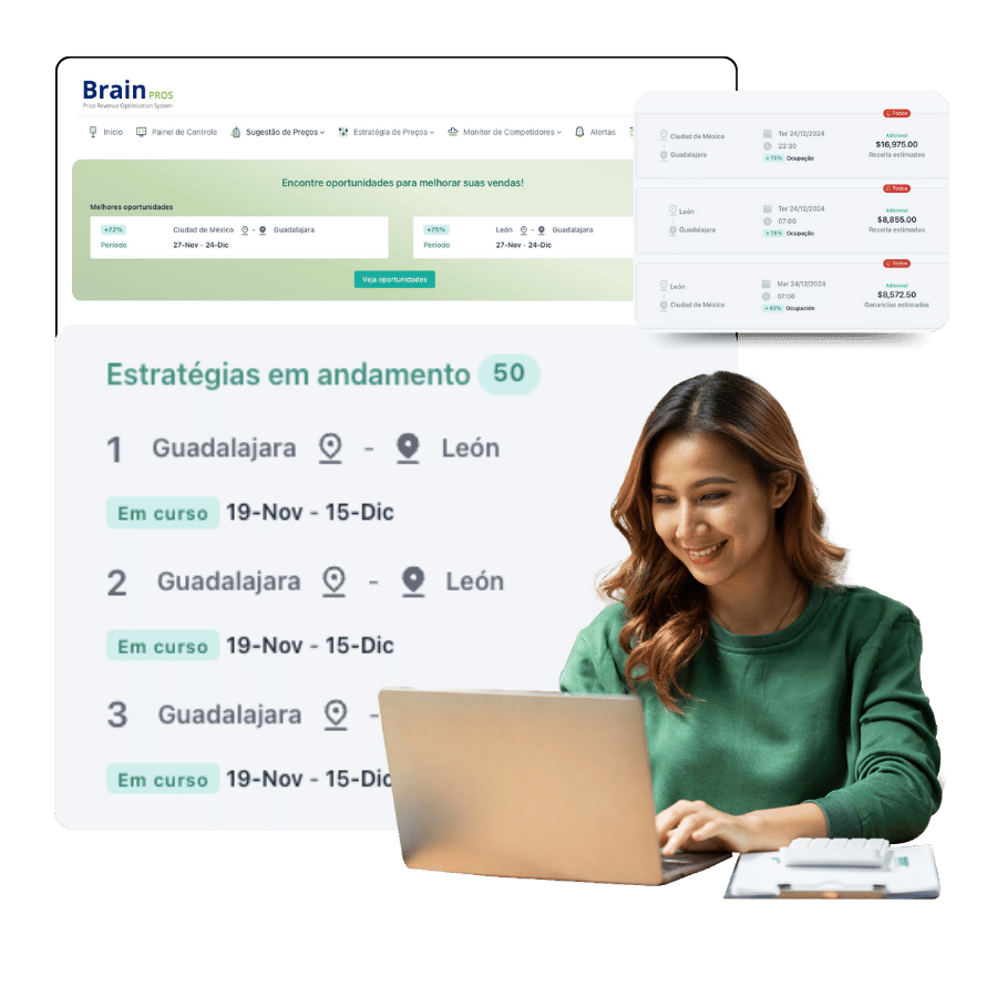 mujer con dashboard de brain de reservamos saas pros de fondo