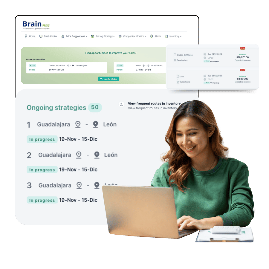 ENG - Imagen Sugerencia de precios - RECAP 2024 mujer con dashboard de brain de reservamos saas pros de fondo